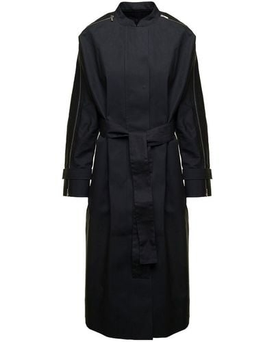 Ferragamo Long Blue Trench Coat With Matching Belt And Zip In Cotton Blend Woman - Black