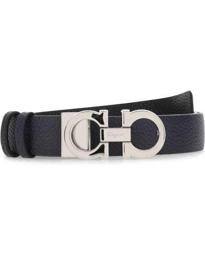 Ferragamo Midnight Blue Leather Reversible Belt - White