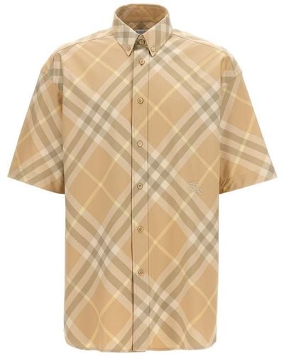 Burberry Check Shirt With Logo Embroidery - Natural