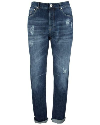 Brunello Cucinelli Five-pocket Leisure Fit Pants In Old Denim With Rips - Blue