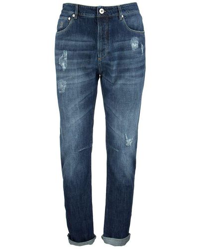Brunello Cucinelli Five-pocket Leisure Fit Trousers In Old Denim With Rips - Blue