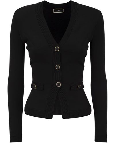 Elisabetta Franchi Shiny Viscose Cardigan With Twin Buttons - Black