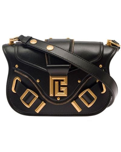 Balmain 'blaze' Black Shoulder Bag With Decorative Zip And Maxi Logo In Smooth Leather Woman