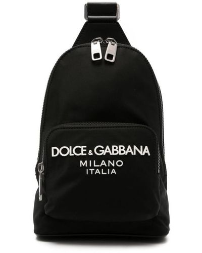 Dolce & Gabbana Nylon Shoulder Backpack With Front Rubber Logo - Black