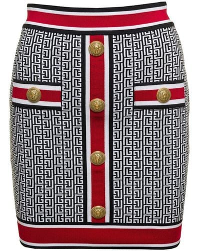 Balmain Mini Skirt In Monogram Knit - Red