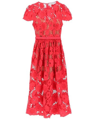 Self-Portrait Floral Lace Midi Dress in Red | Lyst