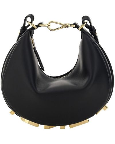 Fendi Leather Handbag With Metal Lettering - Black