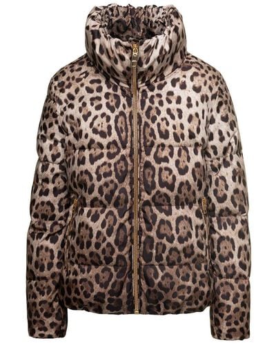 Dolce & Gabbana Brown Down Jacket With High-neck With All-over Leo Print In Nylon Woman