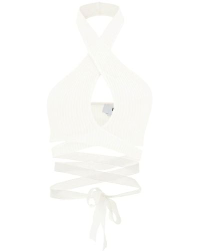 MSGM Ribbed Knit Top With Crossover Neckline - White