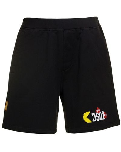 DSquared² Black Shorts With Logo X Pacman Print In Cotton Man