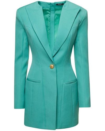 Balmain Light Blue Tailored Blazer Dress With Padded Shoulders In Wool Woman - Green