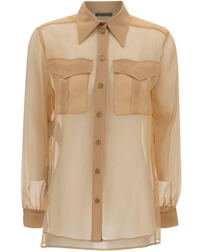 Alberta Ferretti Beige Shirt With Pointed Collar And Patch Pockets In Silk Chiffon Woman - Natural