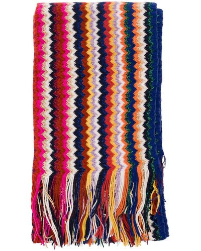 Missoni Multicolour Scarf With Zigzag Motif And Fringed Hem In Wool Blend Woman - Red
