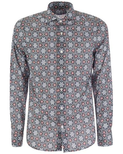 Fedeli Printed Stretch Cotton Voile Shirt - Gray