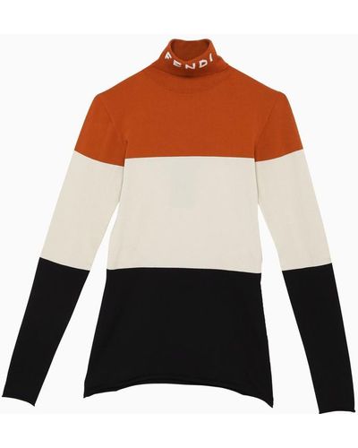 Fendi High Neck Jumper In Multicolored Lycra With Logo - Brown