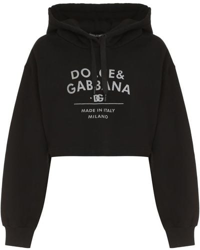 Dolce & Gabbana Cropped Hoodie With Logo, - Black