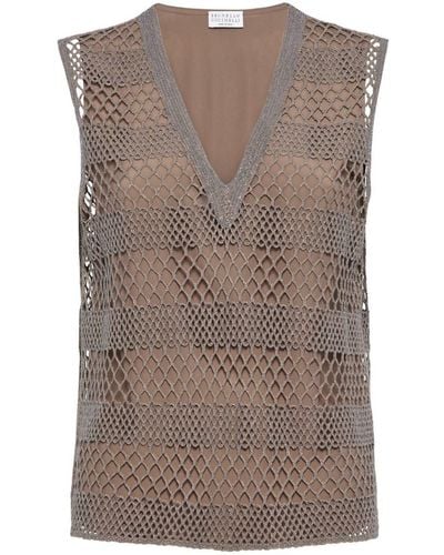 Brunello Cucinelli Crepe De Chine Net Embroidered Top - Brown