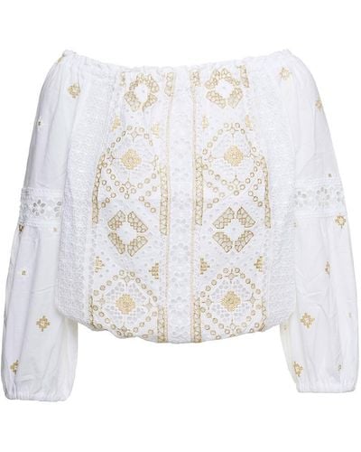 Temptation Positano Off-shoulder Embroidered Blouse In White Cotton Woman