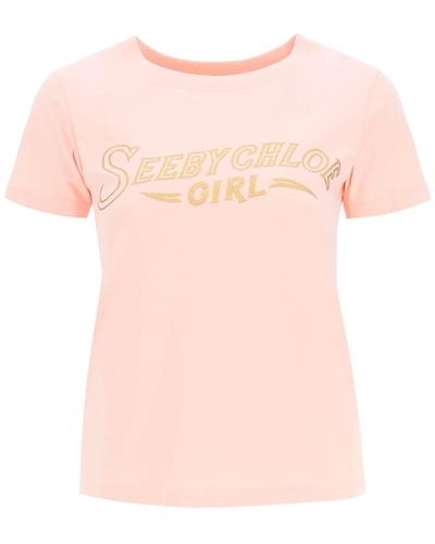 See By Chloé See By Chloe Glitter Logo T-shirt - Pink