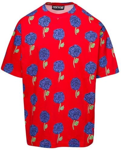 Versace Red Crewneck T-shirt With All-over Floral Print In Cotton