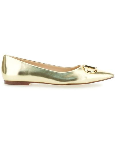 Twin Set Gold Tone Ballet Flats With Oval T Detail In Laminated Leather Woman - Natural