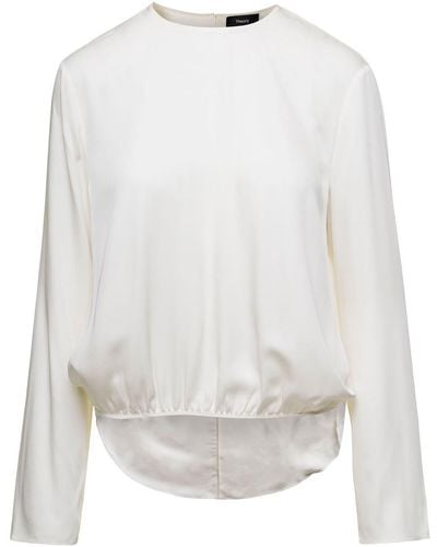 Theory Round Neck Wide Tie Blouse - White
