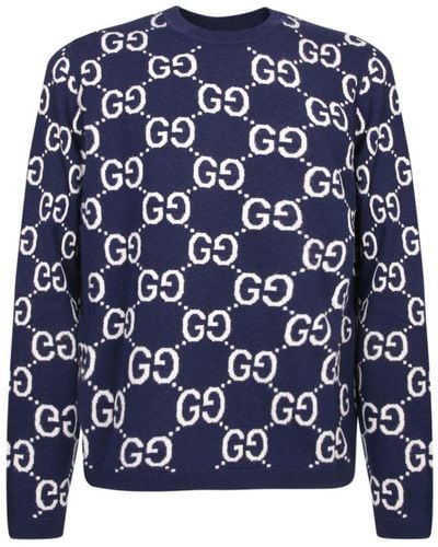 Gucci Gg Supreme Wool Crewneck Sweater - Blue