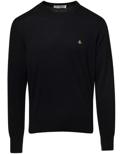Vivienne Westwood Black Crewneck Sweater With Embroidered Logo In Wool Blend Man - Blue