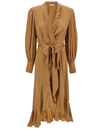 Zimmermann Midi Asymmetric Beige Dress With Belt In Silk Woman - Natural
