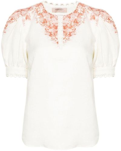 Twin Set Linen Blouse With Floral Print - White