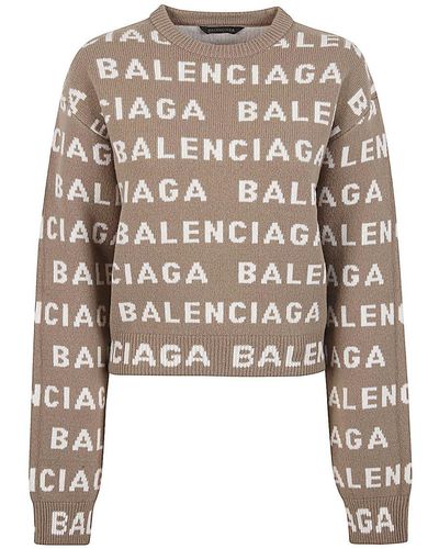 Balenciaga Allover Logo Wool Cropped Sweater - Brown