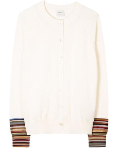 Paul Smith Cardigan With 'signature Stripe' Cuffs Ivory - White
