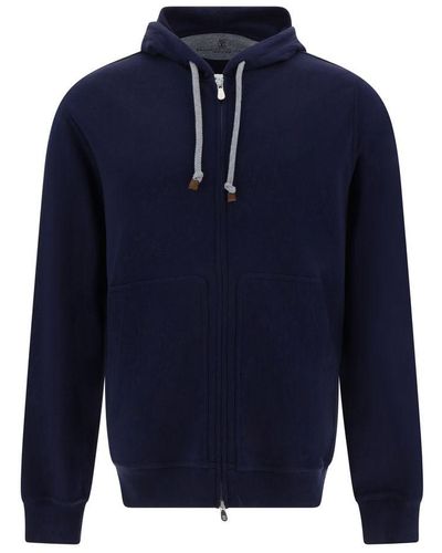 Brunello Cucinelli Techno Cotton Interlock Zip-Front Hooded Sweatshirt - Blue