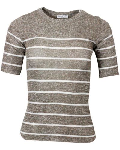 Brunello Cucinelli Crew-neck And Short-sleeved Linen Blend Sweater With Striped Pattern - Grey