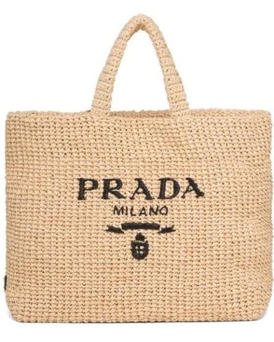 Prada Logo-embroidered Raffia Tote Bag - Natural
