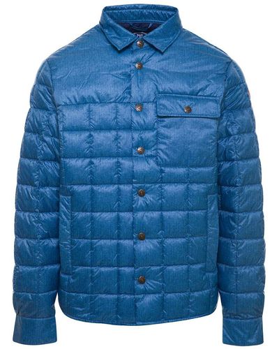 Save The Duck Blue Quilted Down Jacket With Logo Patch In Denim Printed Nylon Man