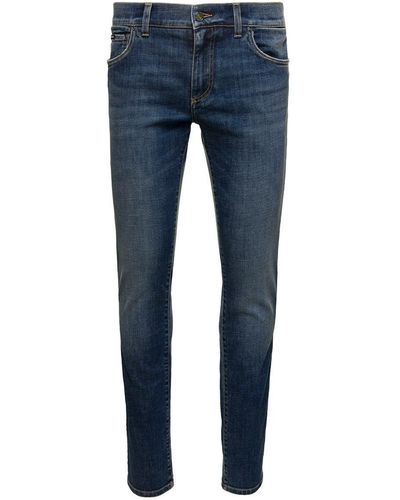 Dolce & Gabbana E Skinny Jeans With Logo Plaque At The Back In Stretch Cotton Denim - Blue