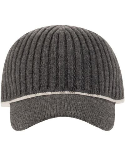 Brunello Cucinelli Ribbed Virgin Wool, Cashmere And Silk Knit Baseball Cap With Jewel - Grey