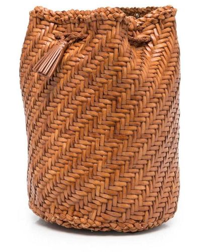 Dragon Diffusion 'pompom Double Jump' Camel Brown Bucket Bag With Shoulder Strap In Hand-woven Leather Woman