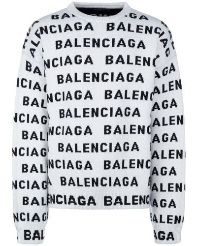 Balenciaga Allover Logo Wool Blend Crewneck Sweater - White