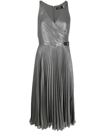 Lauren by Ralph Lauren Metallic Pleated Midi Dress - Grey