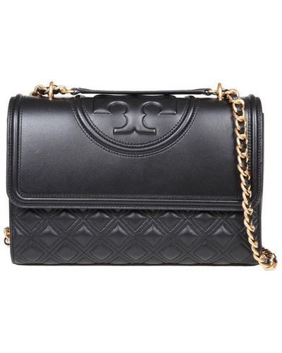 Tory Burch Fleming Shoulder Strap In Black Leather - Grey
