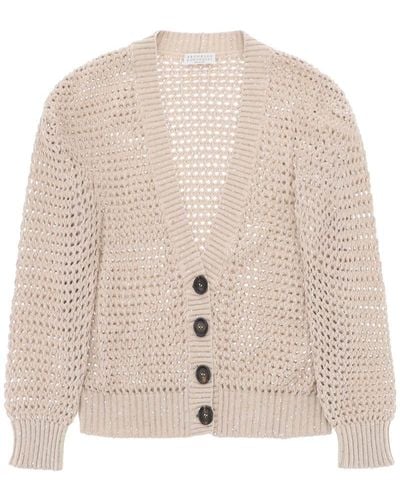 Brunello Cucinelli Knit Cardigan With A Mesh Design - Natural