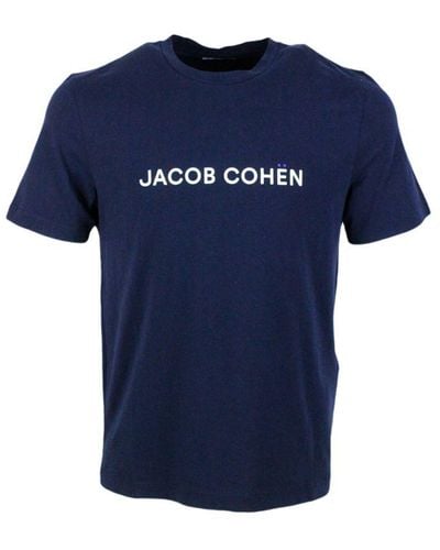 Jacob Cohen Short-sleeved Crew-neck T.shirt In Stretch Cotton Jersey With Logo On The Chest - Blue