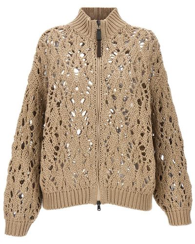 Brunello Cucinelli Knit Cardigan Sweater, Cardigans - Natural