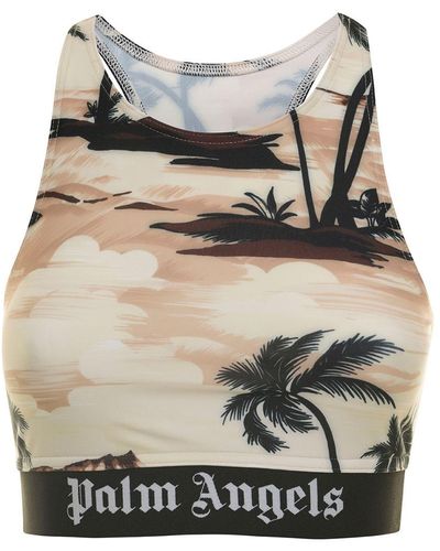 Palm Angels Beige Sports Bra With Miami Print And Elastic Band In Stretch Fabric - Grey