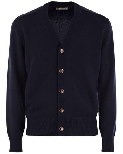 Brunello Cucinelli Alpaca, Cotton And Wool Cardigan With Metal Buttons - Blue