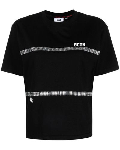 Gcds Striped T-shirt With Rhinestones - Black