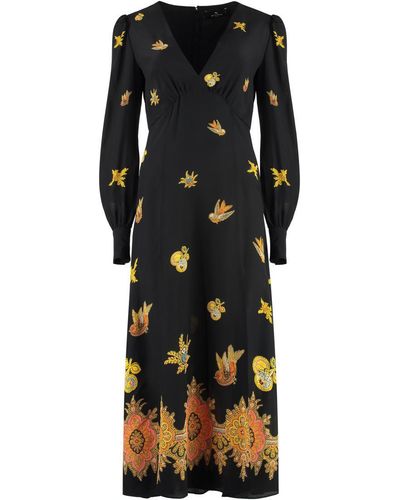Etro Embroidered Long-sleeve Silk Dress - Black