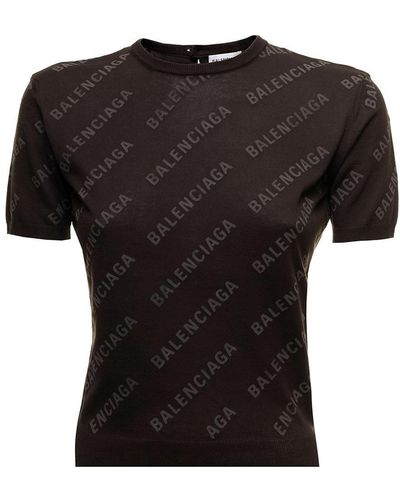 Balenciaga Brown Ultralight Cotton T-shirt With Allover Logo Print Woman - Black